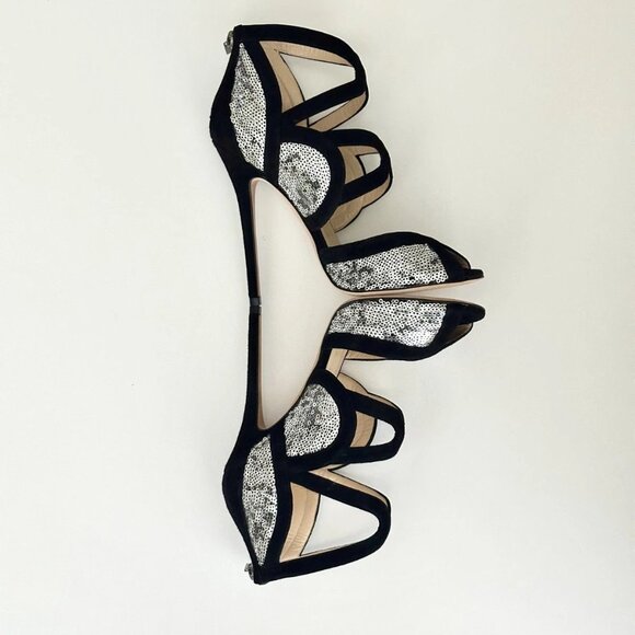 NEW JIMMY CHOO Tempest Black Suede Silver Sequin Cutout Heels Sandals Size 38 - Picture 4 of 11